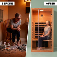 1 Person Extendable FAR Infrared Sauna for Home, Hemlock Wood Low EMF 6 Carbon Heaters Indoor Saunas with LED Lights, Bluetooth Speaker, Digital Control Panel, and Seating Bench — Before & After