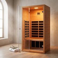 1 Person Extendable FAR Infrared Sauna for Home, Hemlock Wood Low EMF 6 Carbon Heaters Indoor Saunas with LED Lights, Bluetooth Speaker, Digital Control Panel, and Seating Bench — Studio Shot