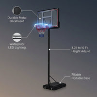 4.76 Ft. to 10 Ft. Black Metal Portable Basketball Hoop Height Adjustment with LED Lights — infographic