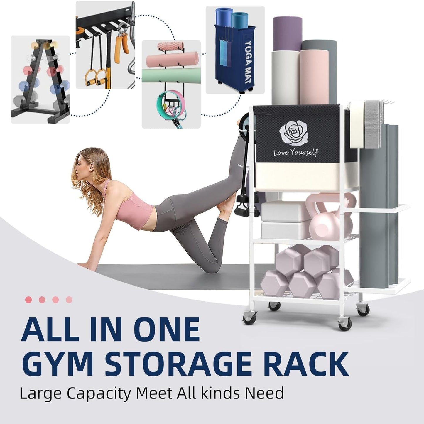 Yoga Mat Storage Rack，Home Gym Storage Rack Gym Workout Equipment Storage Organizer Fitness Weight Rack on Wheels for Yoga Mat,Yoga Block,Foam Roller,Resistance Band,Dumbbell,Kettlebell and Other Workout Accessories